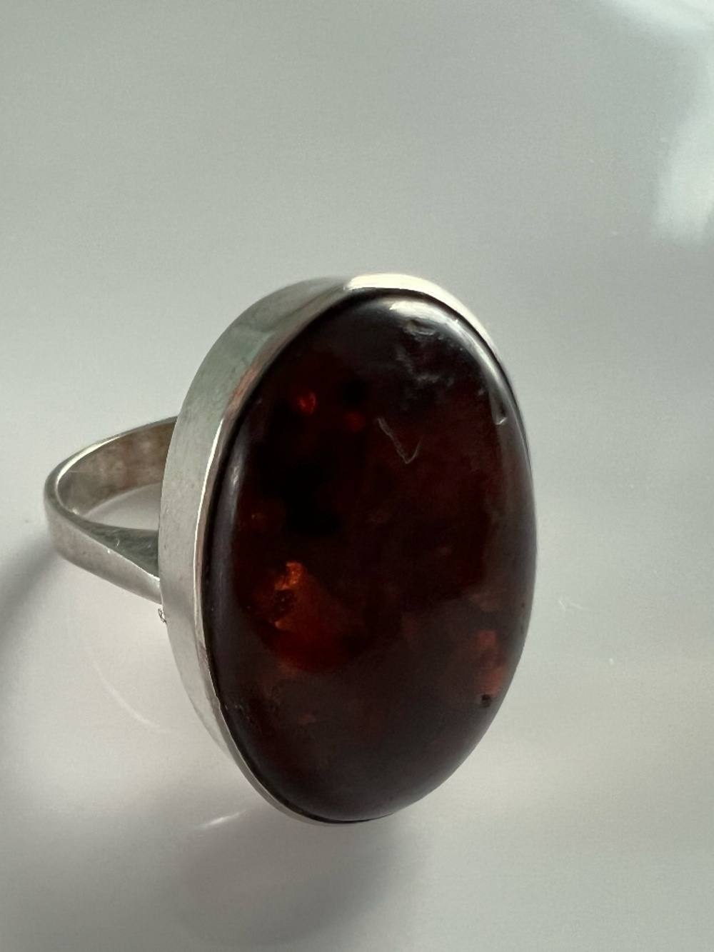 Amber & Sterling Silver Ring, Size 6